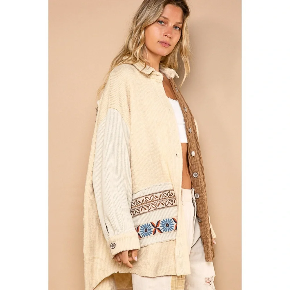 POL Beige Tan Mixed Knit Sweater Shirt | Oversized Luxe Neutral Boho Jacket - Picture 3 of 8